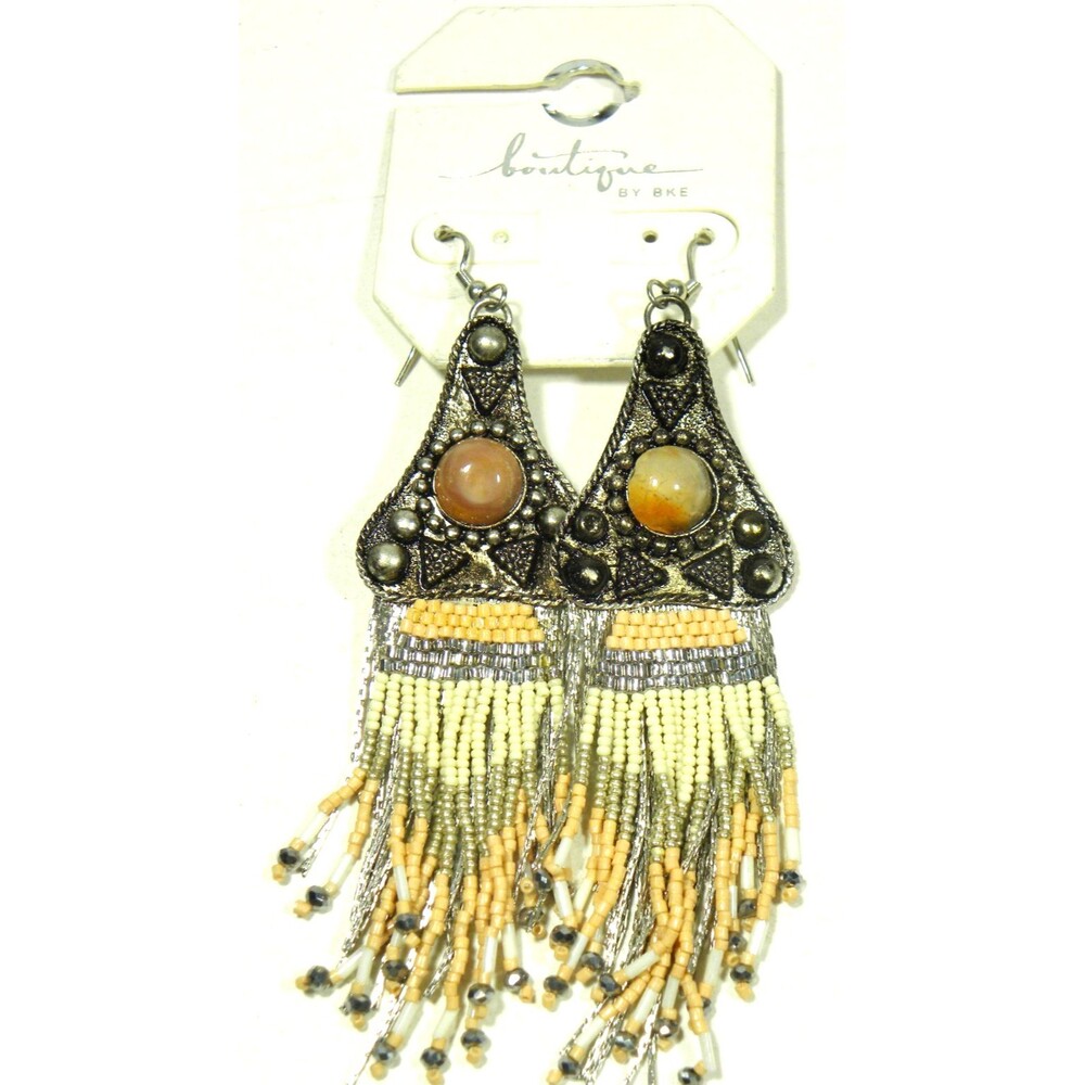 Boho Tassel Earrings BKE Silver Tone Beaded Dangle Buckle Hippie Peach Gray